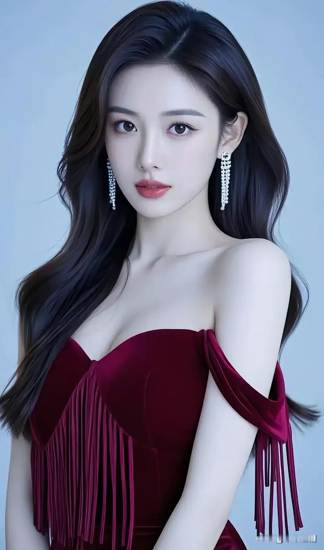 酒红丝绒裹着流苏的柔，露肩的弧度碰碎钻光，发梢轻扬的笑里漫着明艳。
贵气女人味 