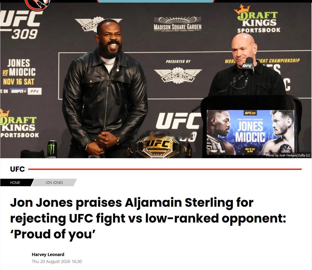 “骨头”乔恩·琼斯（Jon Jones）称赞“影帝”阿尔加麦恩-施特林(Alja