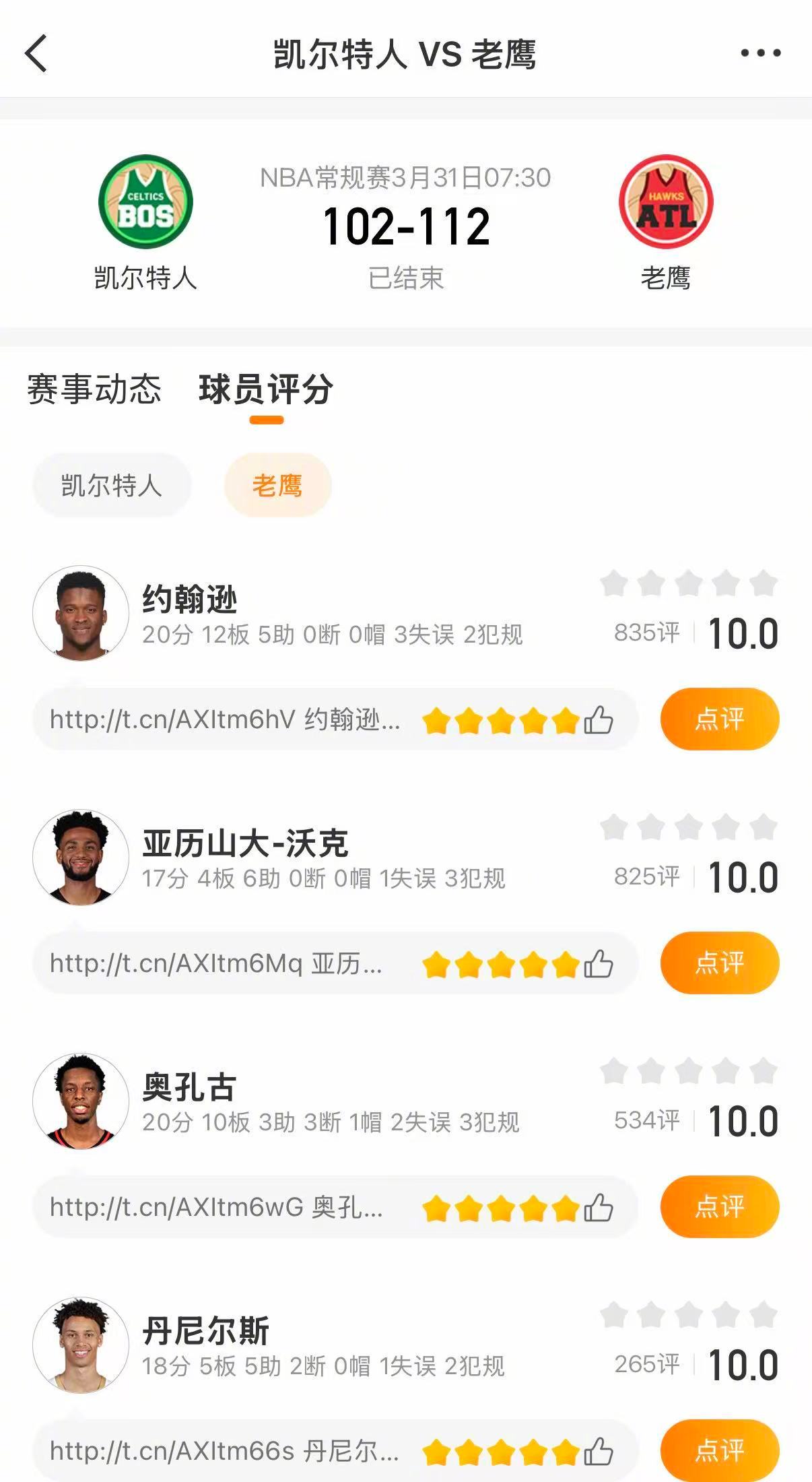 老鹰战胜凯尔特人 老鹰112-102击败凯尔特人。奥孔古20分10篮板，杰伦约翰
