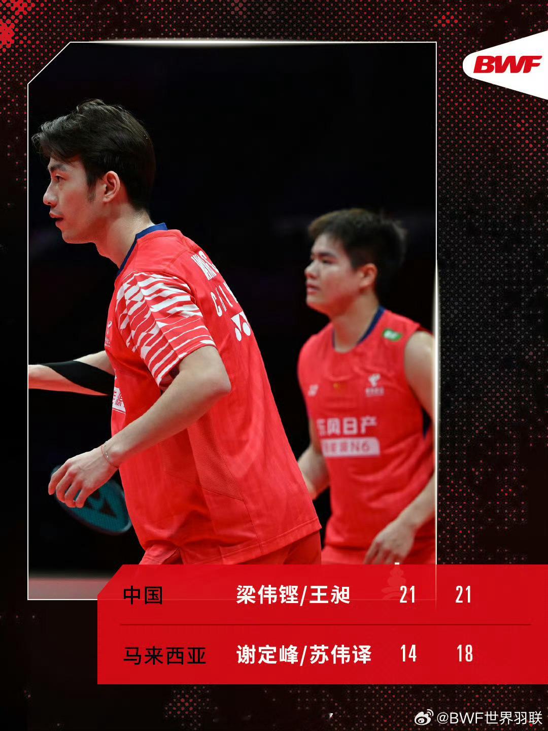 梁王组合2比0谢定峰苏伟译2025年世界羽联年终总决赛男双，梁伟铿/王昶2-0(
