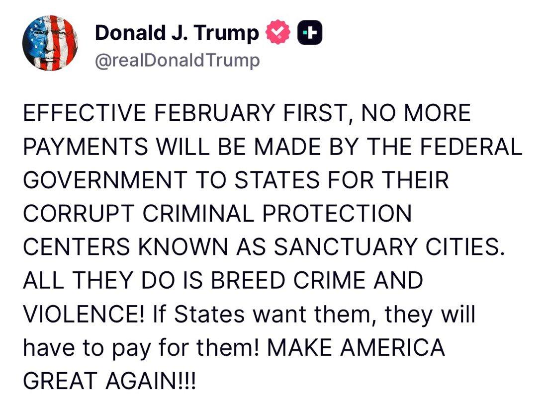 新闻快讯——【政策动向】美国前总统特朗普近日发文称，将自2月1日起停止向“庇护城