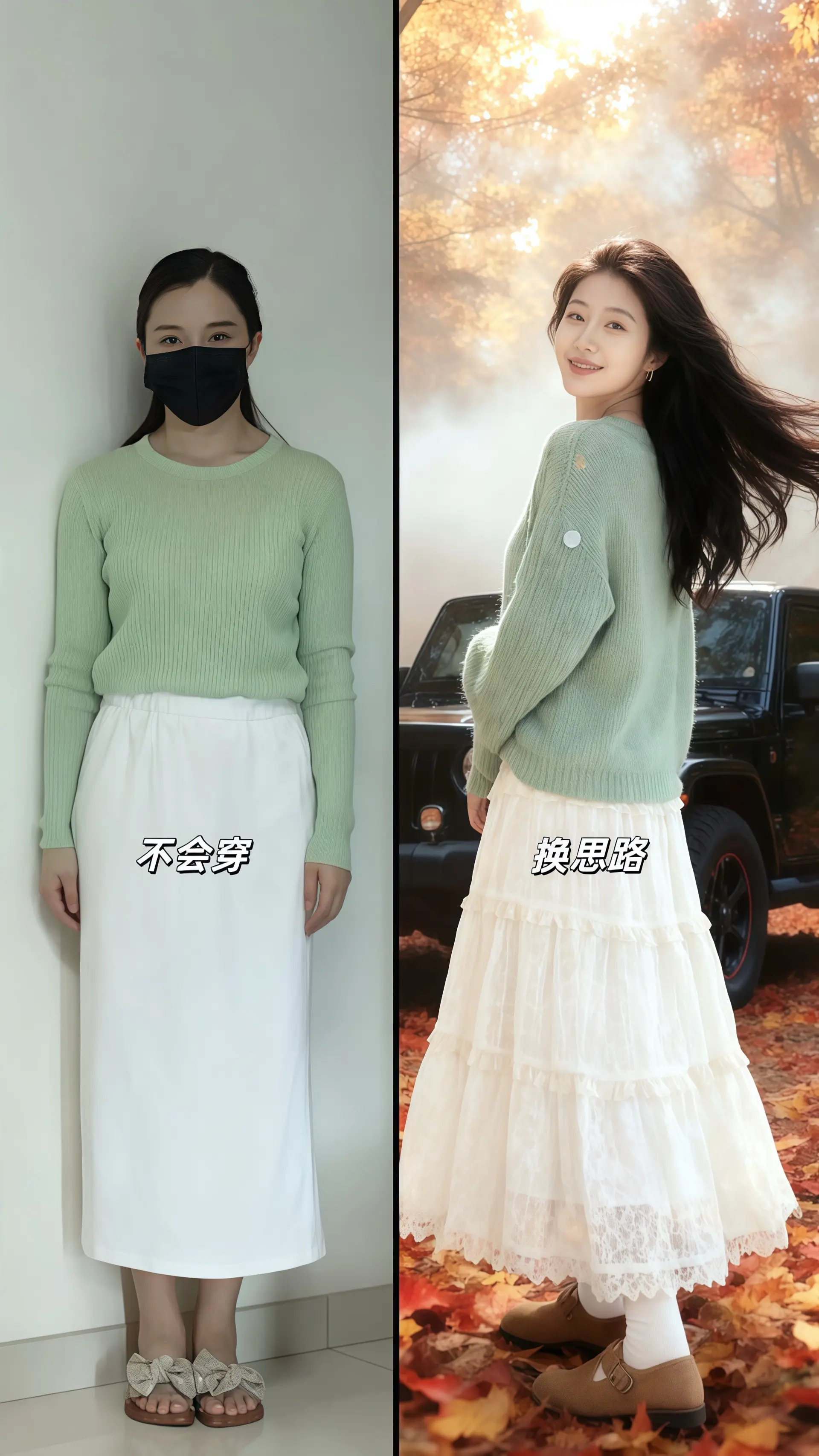 她穿着镂空针织衫两件套，浅绿色针脚勾出细碎花纹，风一吹就贴着肩颈晃，白...