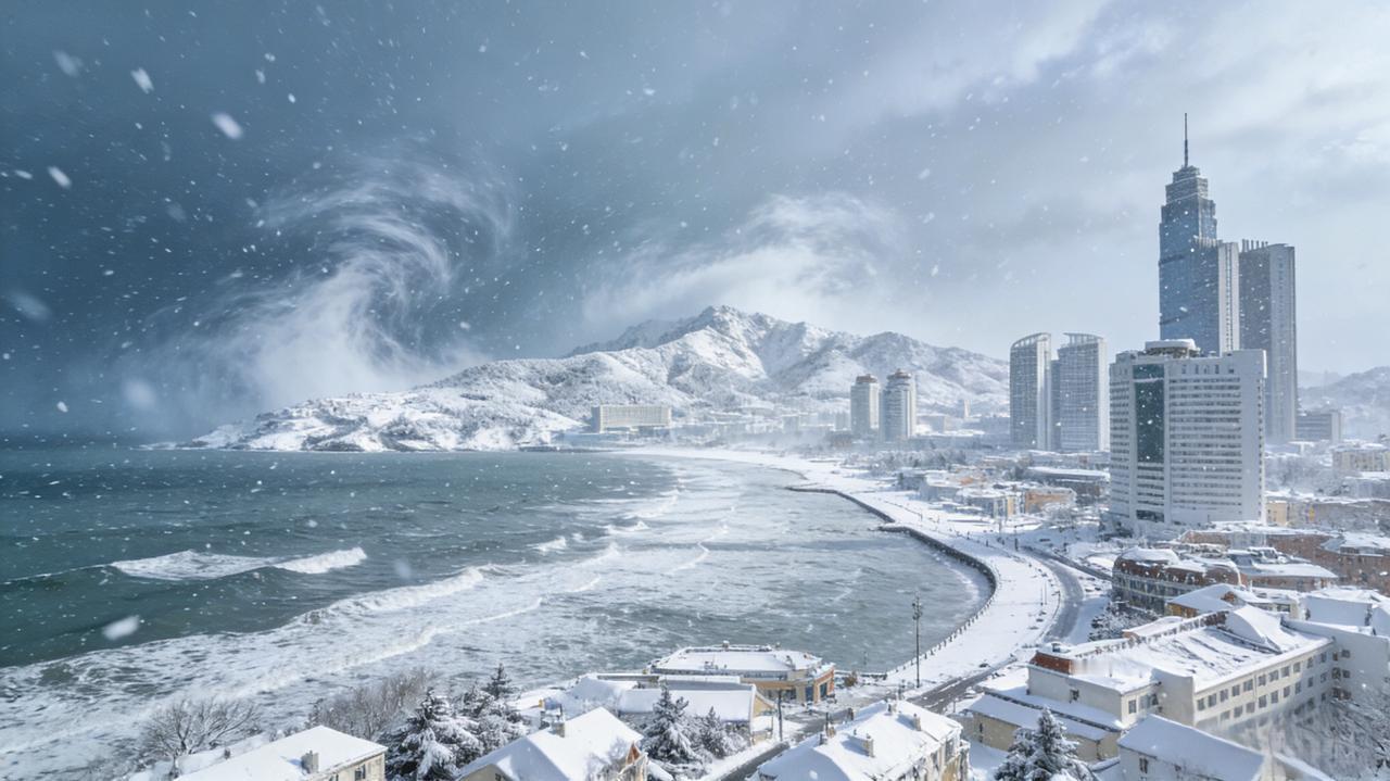 朔风卷雪漫蓬瀛，
万里沧溟裹素琼。
寒涛携雾凝千絮，
峻岭擎云落九英。
琼楼隐现