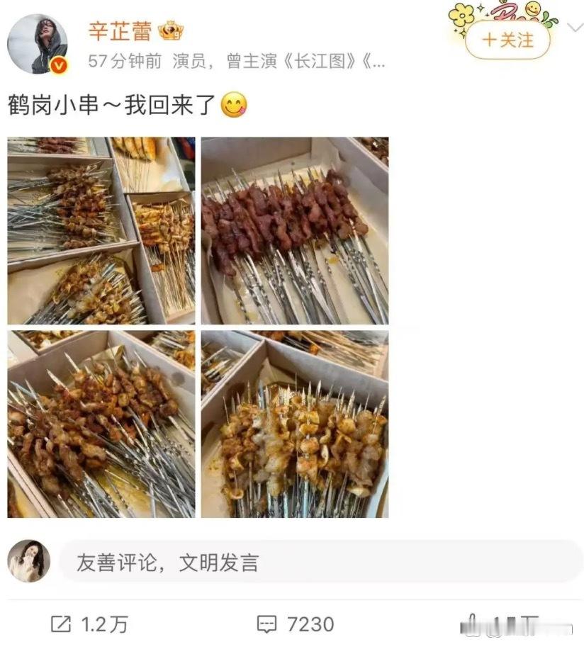 辛芷蕾带火鹤岗小串。有幸吃过鹤岗烧烤，惊为天人。真的惊艳到不知道怎么形容，前阵子