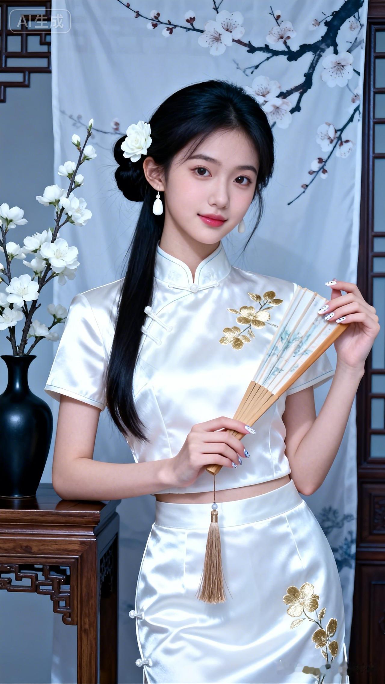 美女大学生，半盘黑发簪白花，浅米刺绣绸缎旗袍，手执流苏木扇，中式布幔木桌衬白花瓷
