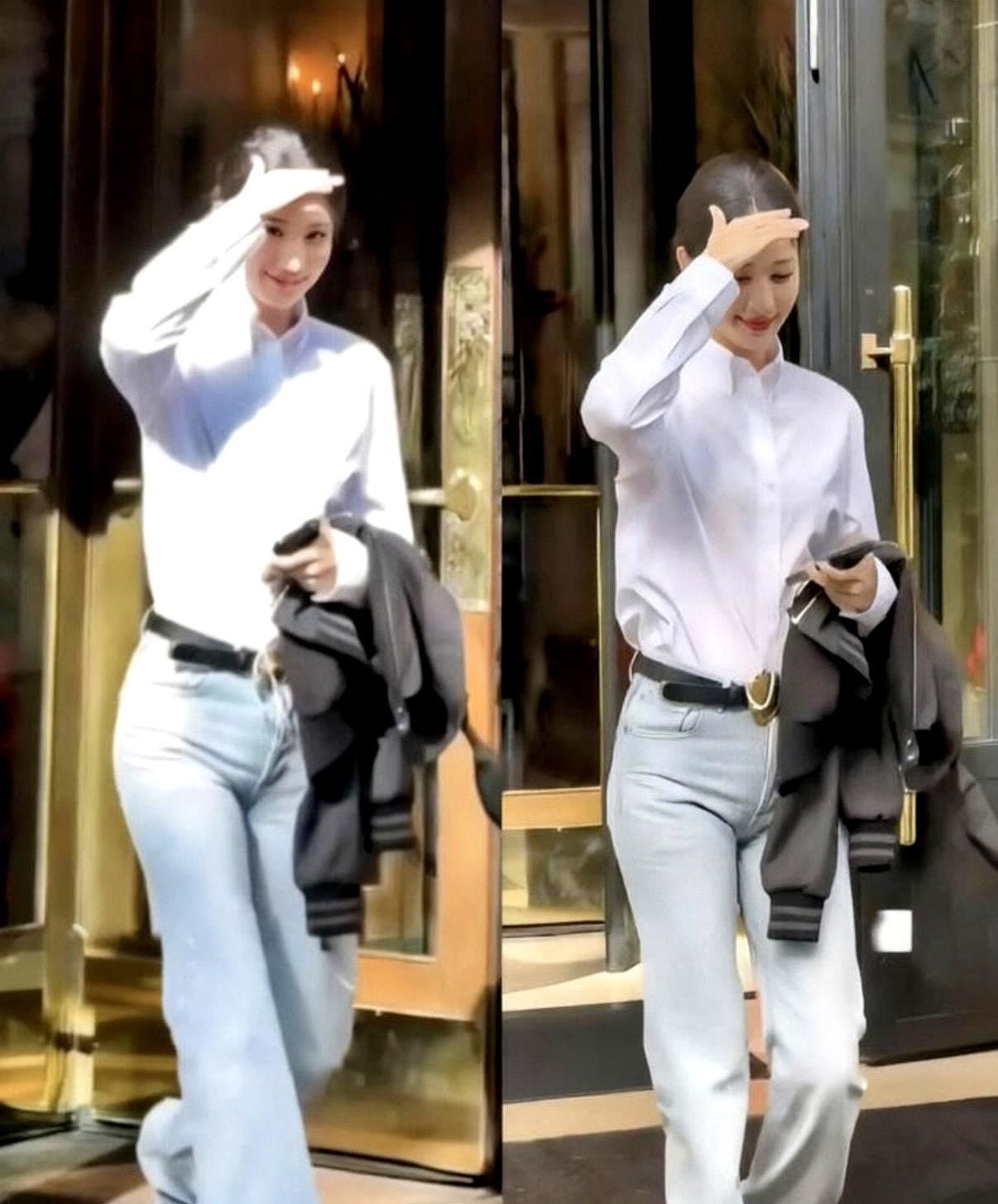 最大的时尚谎言，是白衬衫配牛仔裤百搭。
 
巴黎时装周机场，王楚然解开白衬衫纽扣