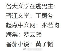 网友总结四大小说平台代表性男主晋江男主：丁禹兮起点：张若昀海棠：罗云熙番茄：黄子