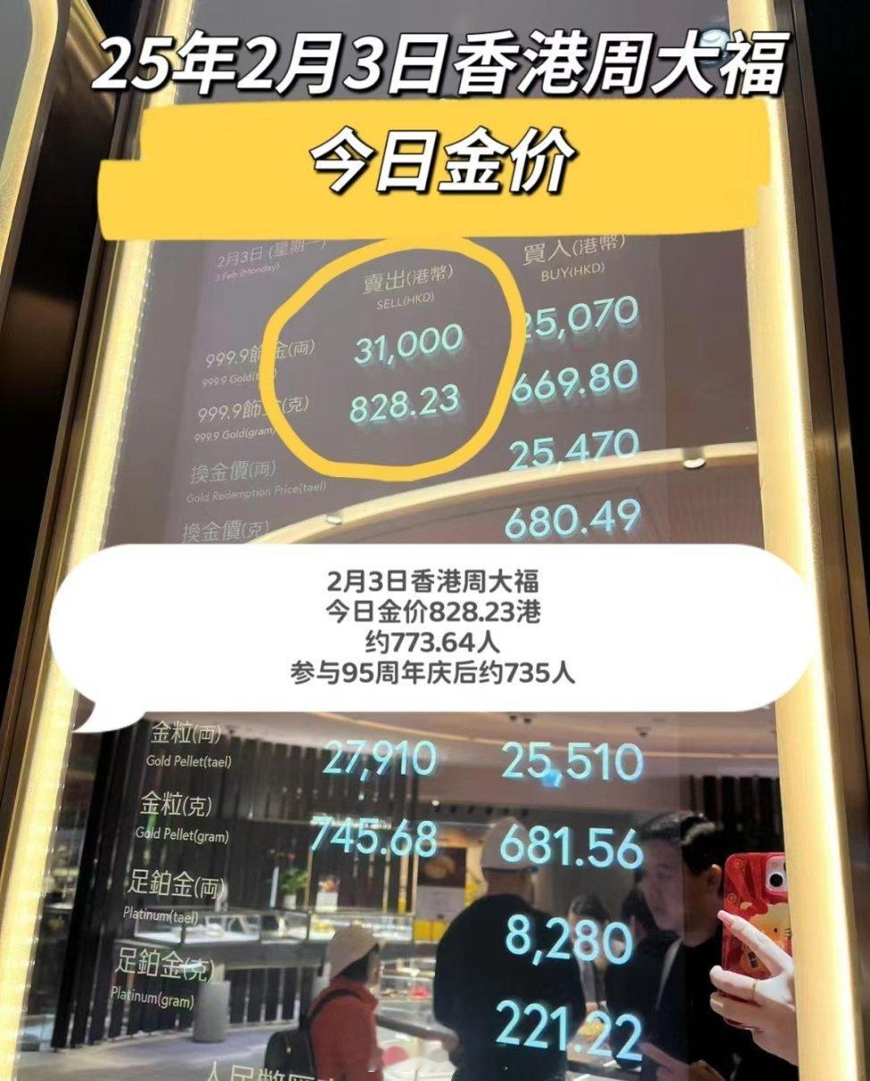 金饰价格突破847元每克 25年2月3日，香港周大福今日金价！！三百多块的时候你