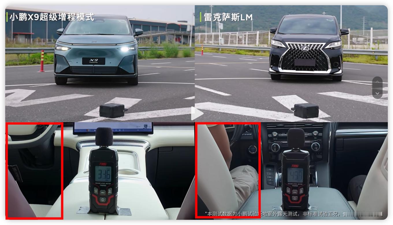 既然是在车内测试外部噪音，小鹏 X9 车里没人，而雷克萨斯 LM 主驾有人，还在