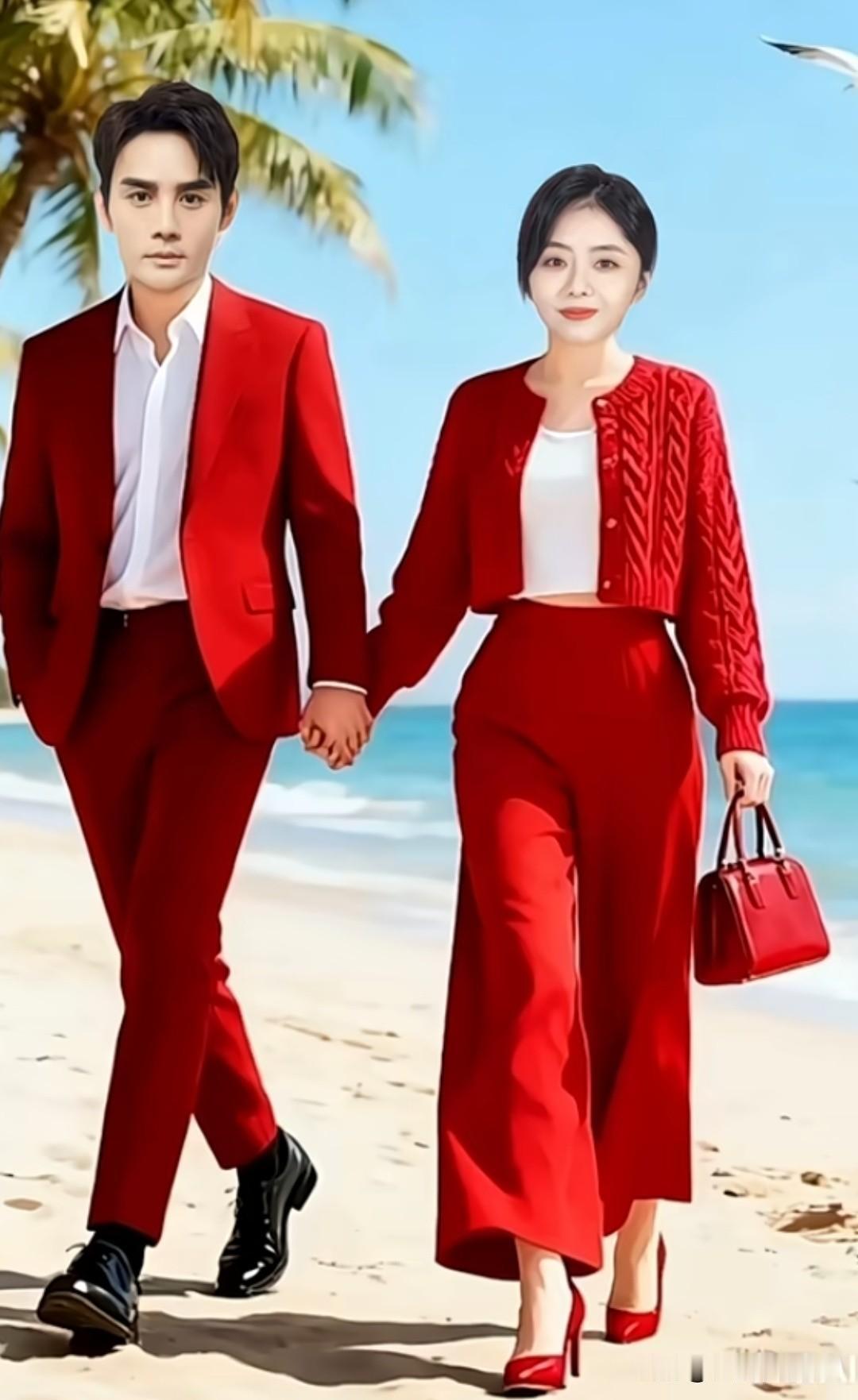 沙滩上情侣牵手漫步，阳光洒在身上，男帅女美，幸福感自然流露🌞💑明星 🌹🌹