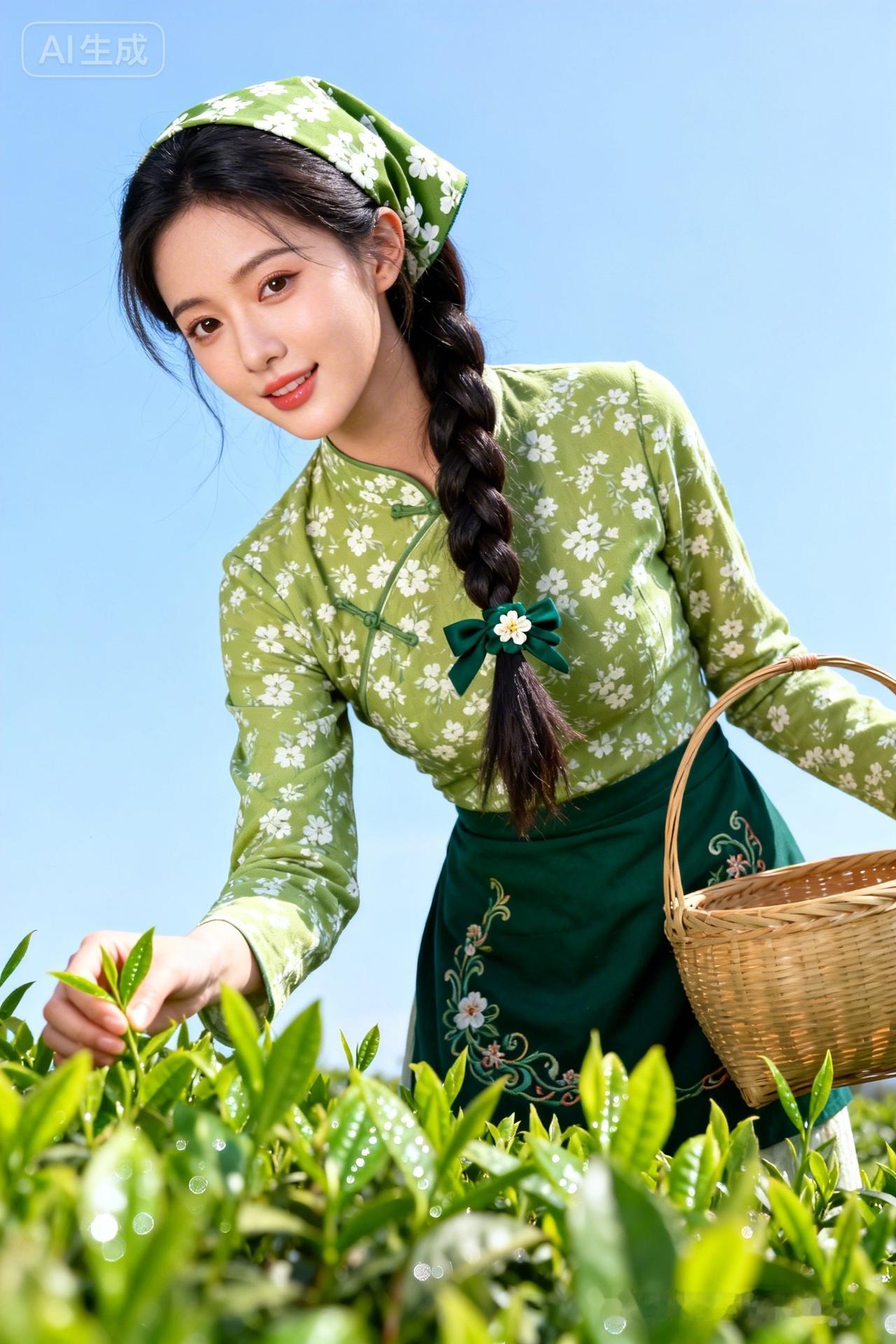 元气少女采摘茶园，清新自然，笑靥如花！🌿😊