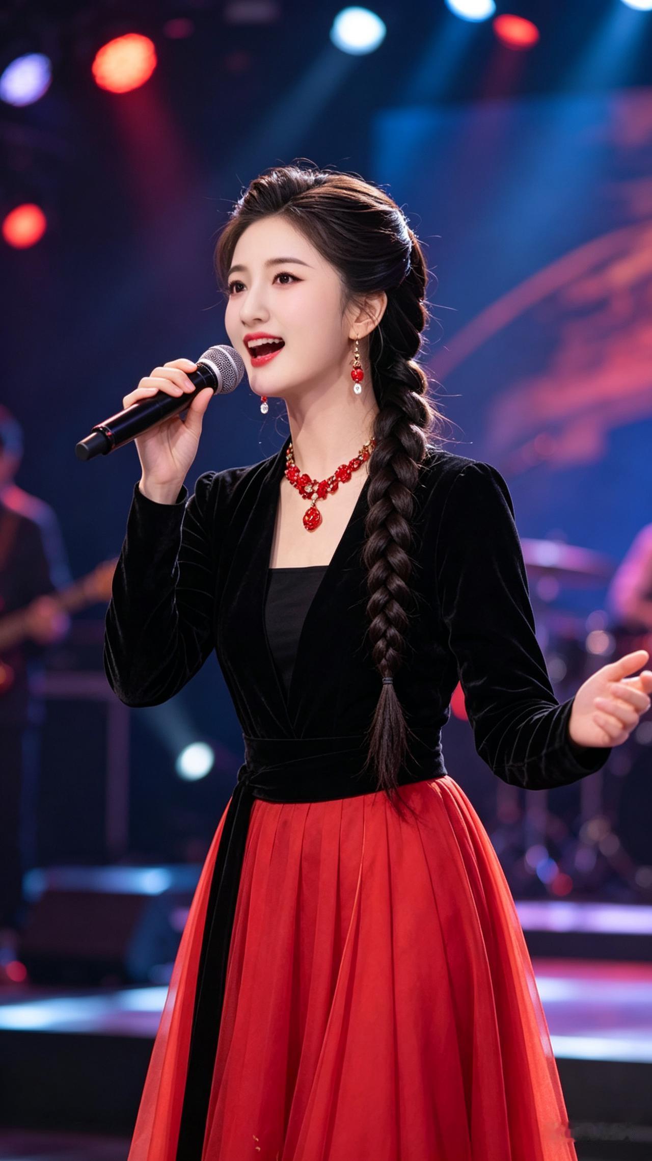 长发美女挽着乌黑大辫子，一身黑衣搭配艳红长裙，立于璀璨舞台中央，深情放声歌唱，身