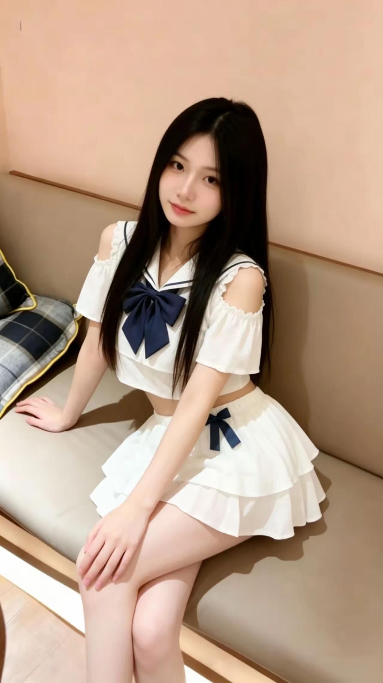 可爱日系少女风，白色水手服搭配蓝色蝴蝶结，坐沙发上甜美微笑