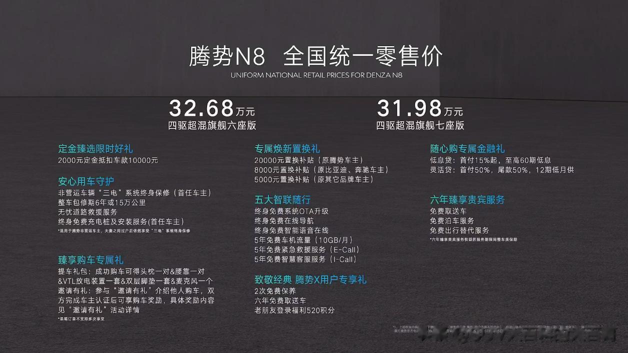 腾势N8正式上市，7座版售价31.98万元、6座版售价32.68万元。全系搭载D