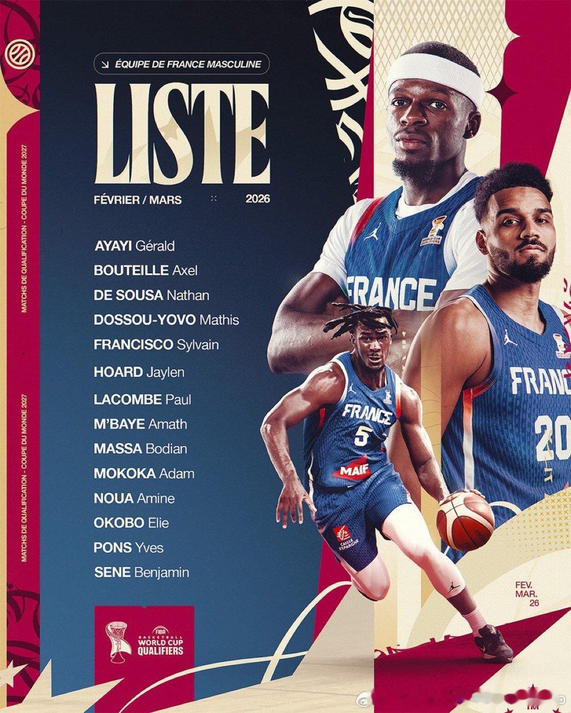 法国男篮宣布14人世预赛第二窗口期集训名单欧洲篮球