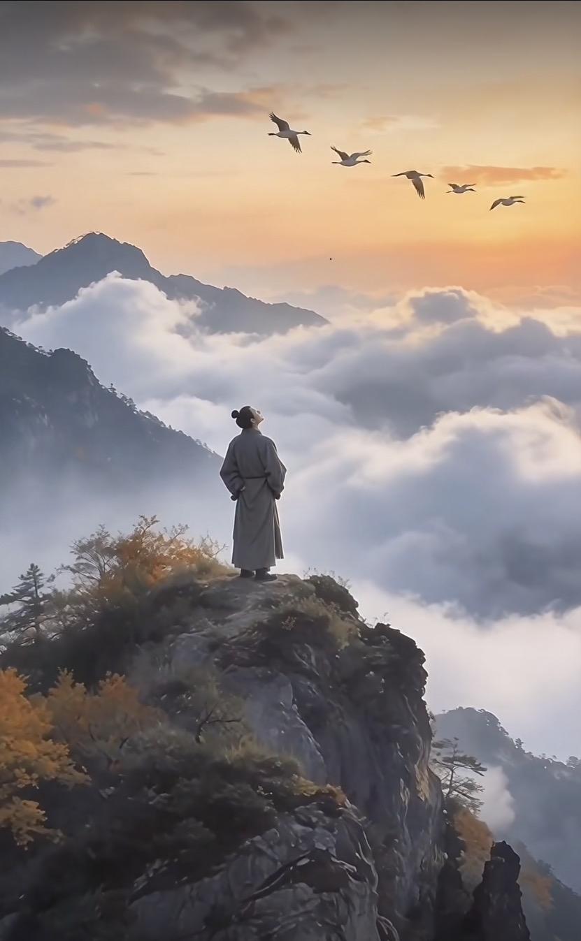上联：高望云中鹤
下联：俯观水下鱼