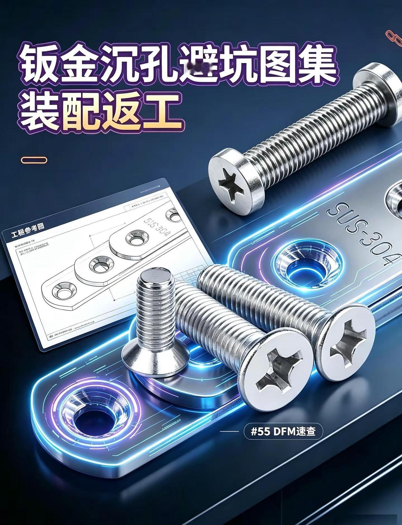 钣金沉孔白做？螺钉依旧露头。10张3:4竖版图集，深挖钣金沉头螺钉设计3个要点。