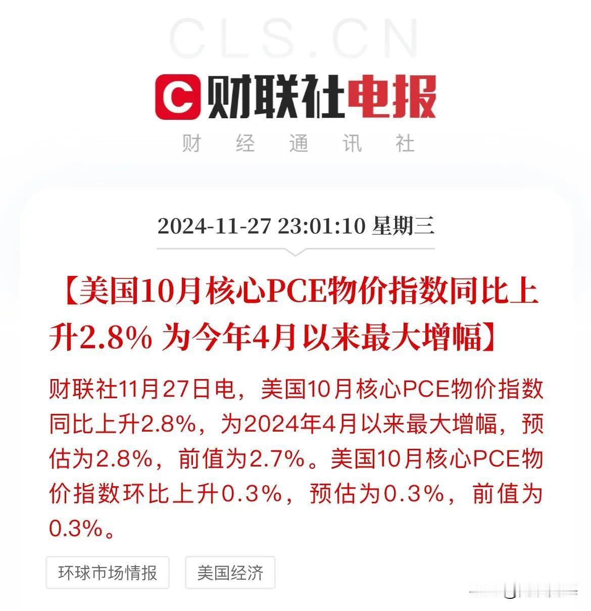 重磅数据出炉！美联储最爱通胀指标反弹

美联储最青睐通胀指标-美国10月核心PC