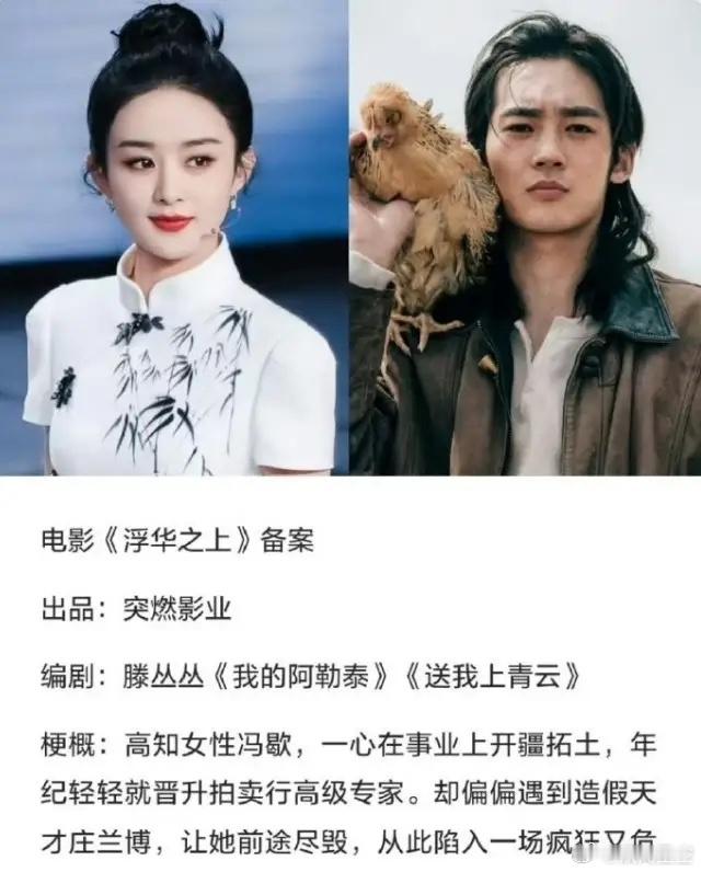 辛芷蕾电影《浮华之上》将开机！滕丛丛这部《浮华之上》三月份的消息是赵丽颖搭档于适