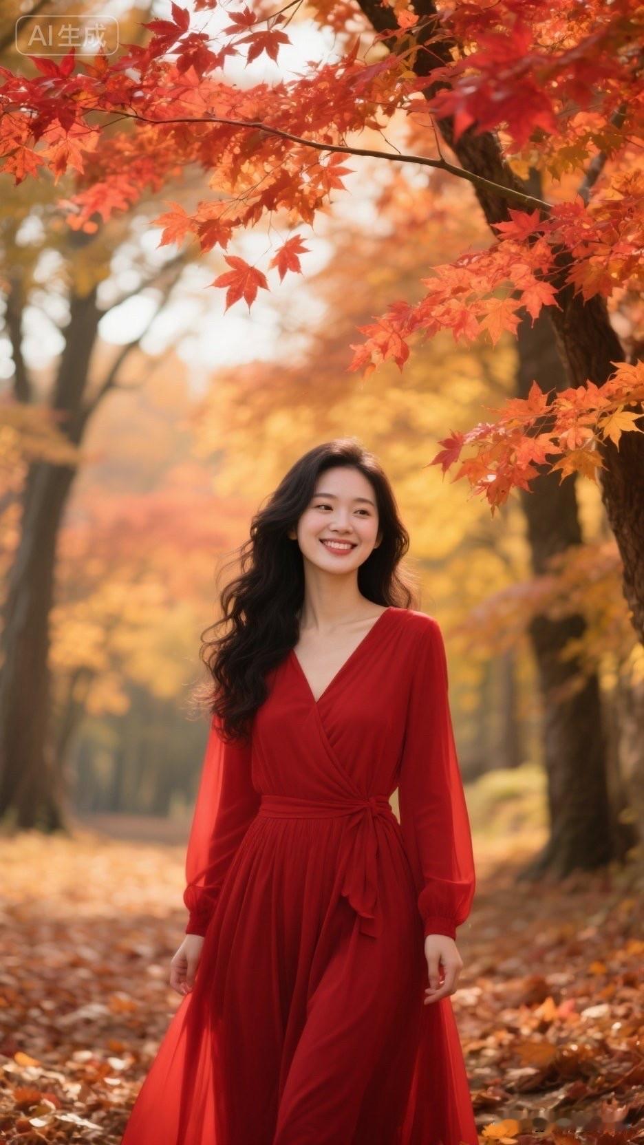 一个穿红裙子的女生在秋天的公园里微笑。