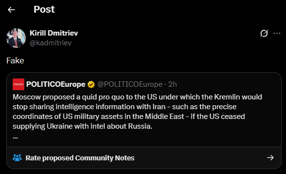🔻Politico声称：“俄罗斯向美国提出一项协议：如果美国停止向乌克兰提供情