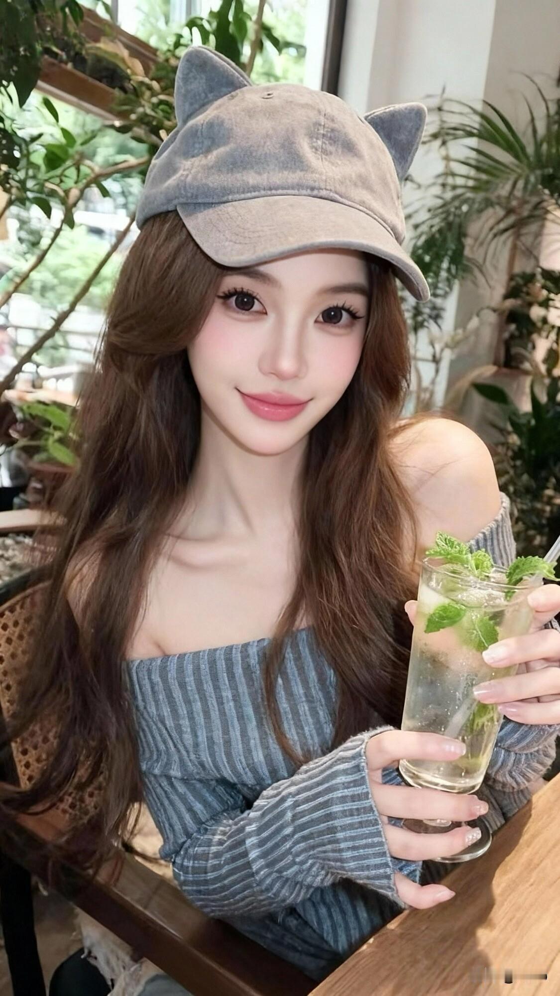 猫耳帽下，绿饮相伴。