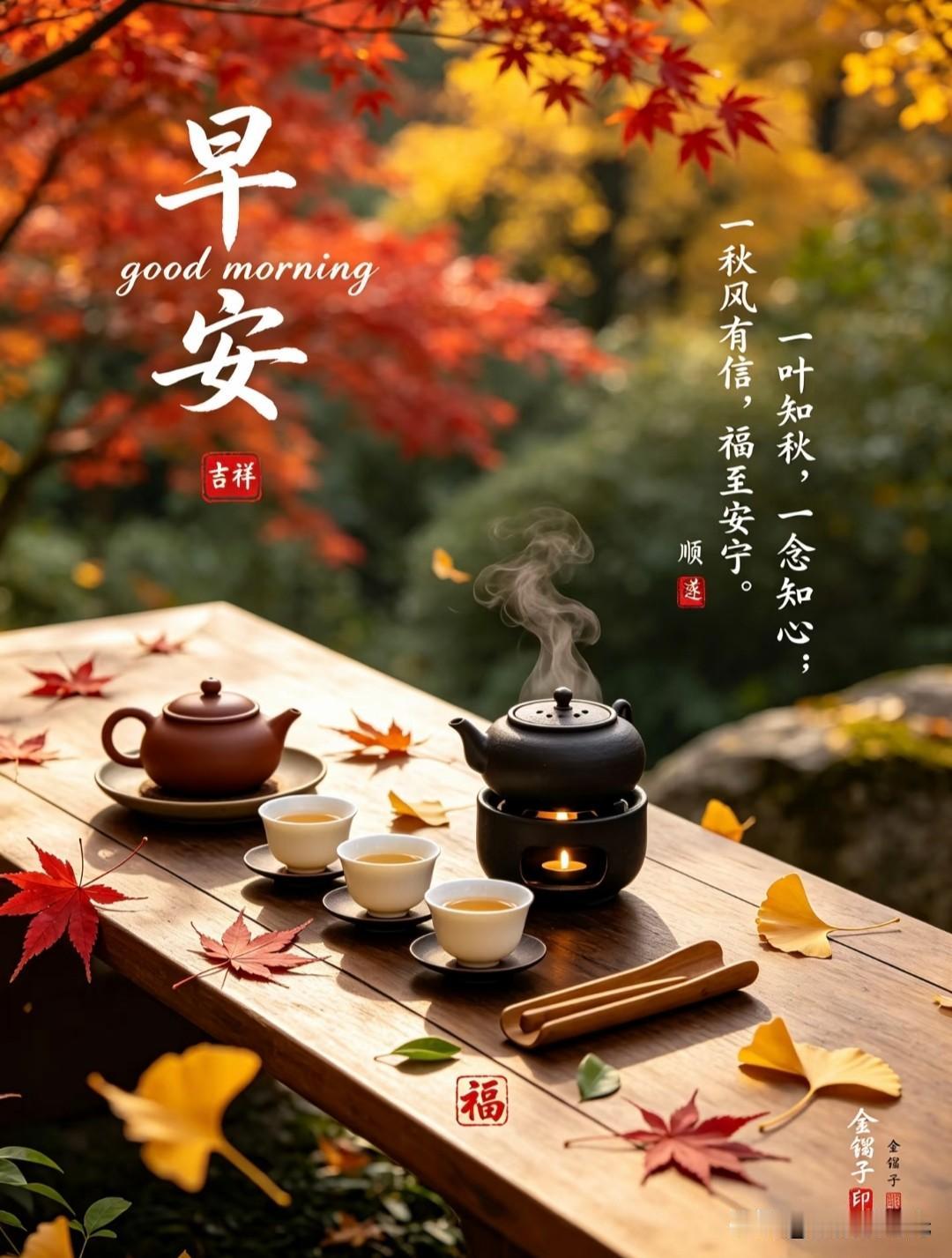 秋日早安
 
一叶知秋，一念知心；秋风有信，福至安宁。
秋意渐浓，岁月温柔。愿日
