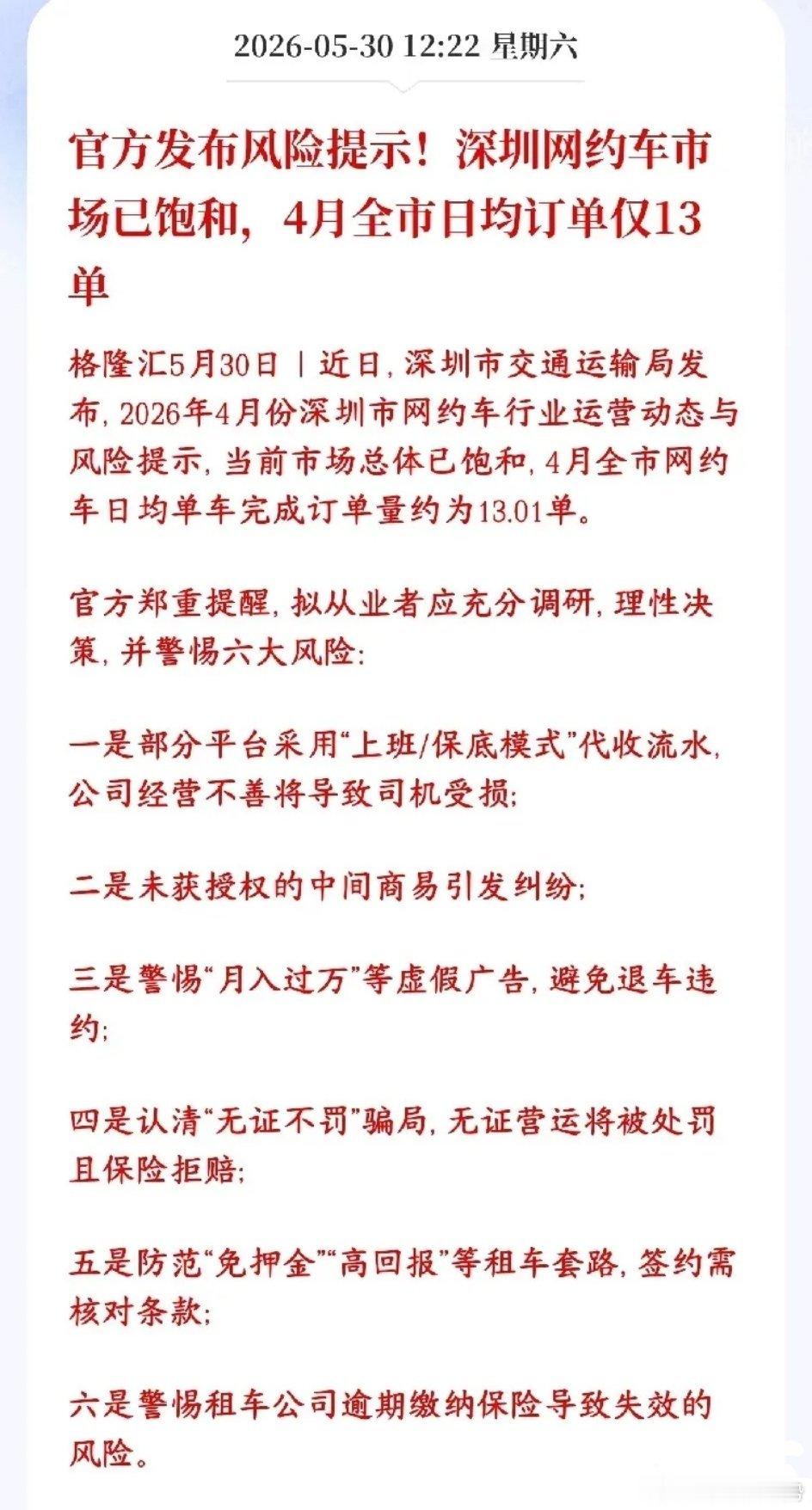 深圳网约车市场已趋于饱和，行业生存压力陡增。目前单车日均仅13单，订单锐减，司机