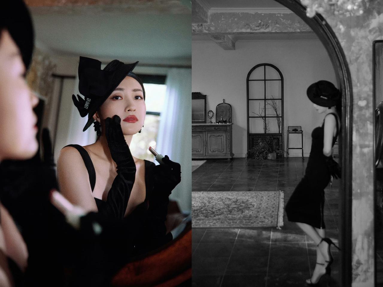包文婧黑色复古妆造好美