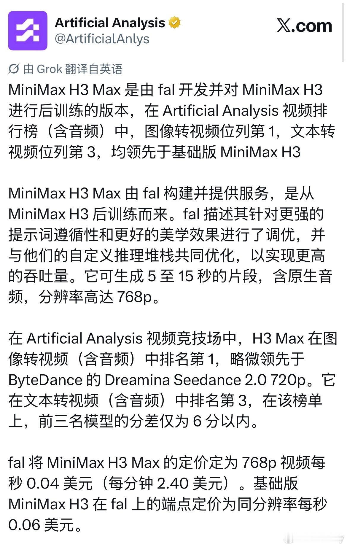 MiniMax H3 Max 是 fal 对 MiniMax H3 进行后训练优