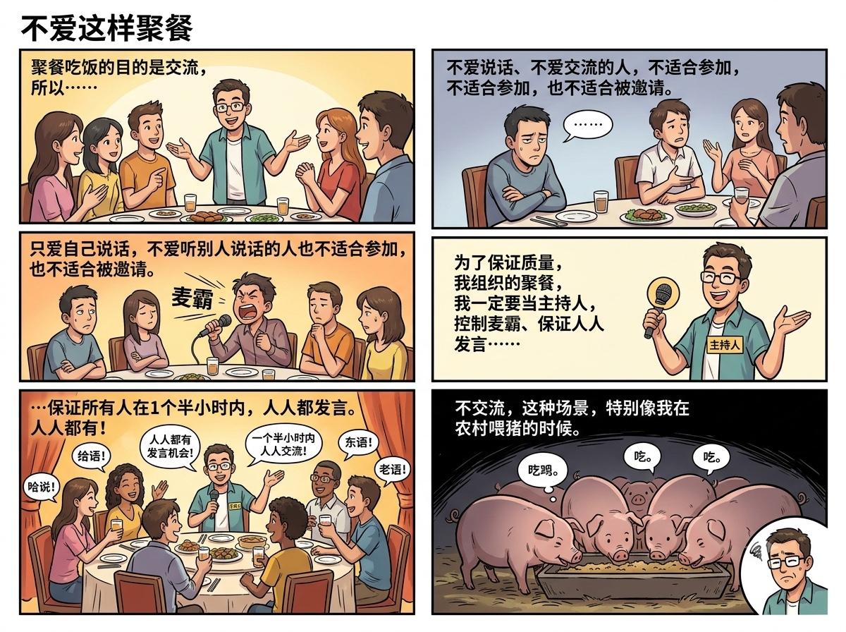 不要这样聚餐
聚餐吃饭的目的是为了交流，所以，不爱说话的人、不爱交流的人，不适合