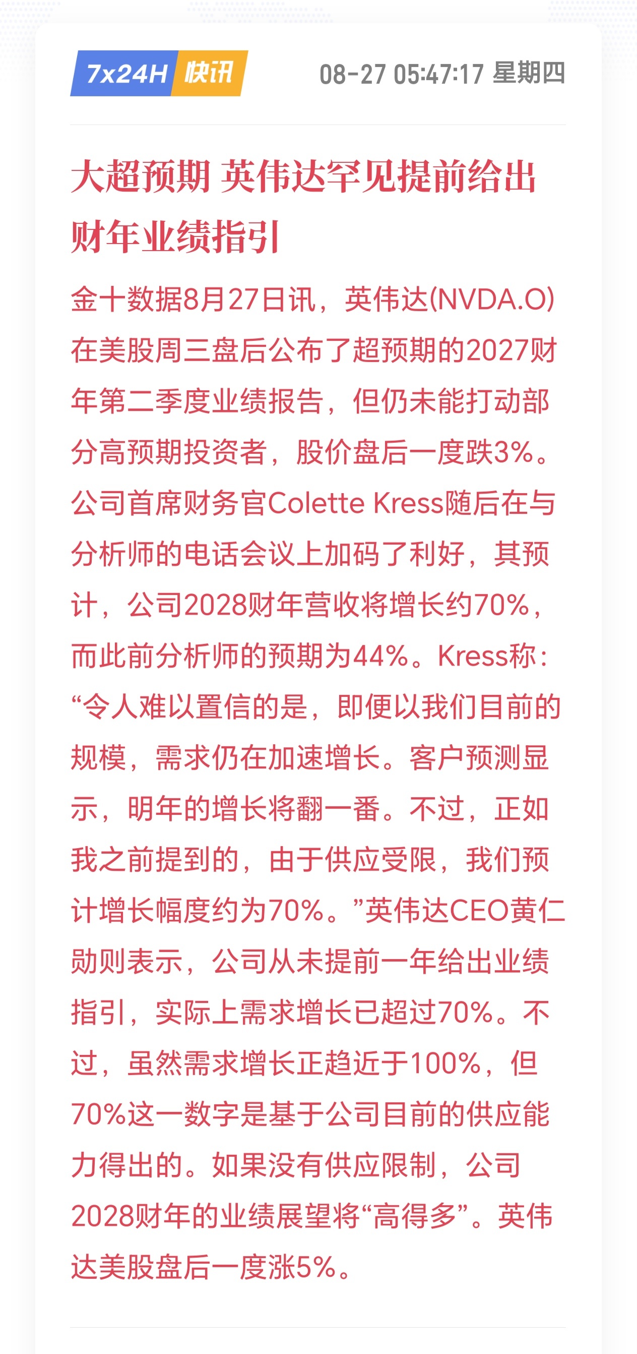 英伟达8连跌英伟达业绩超预期，然后为了提振市场，黄仁勋说我们以前从未提前一年给出