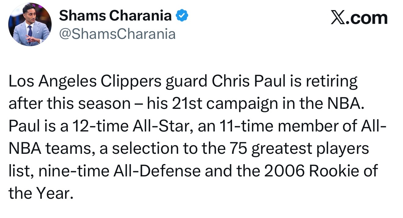 Shams：保罗本赛季结束后，退役！！！