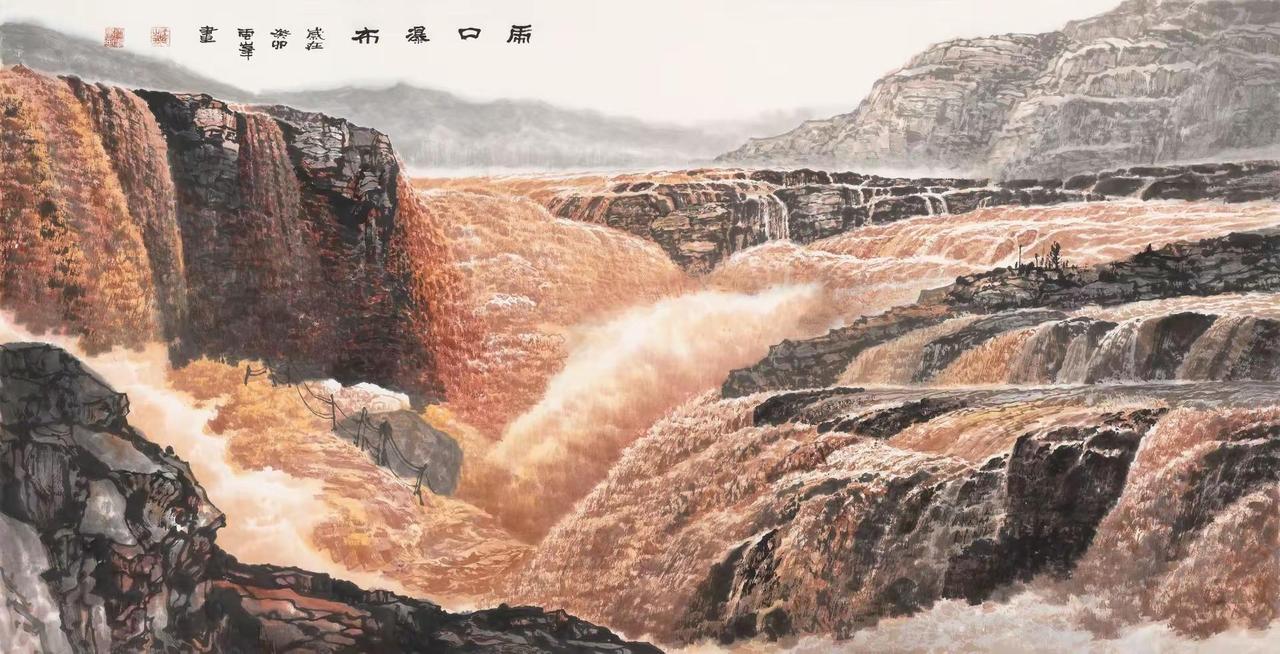 【壶口瀑布】。手绘国画国画山水 国画也 壶口瀑布 中国山水 水墨 尺寸：240×