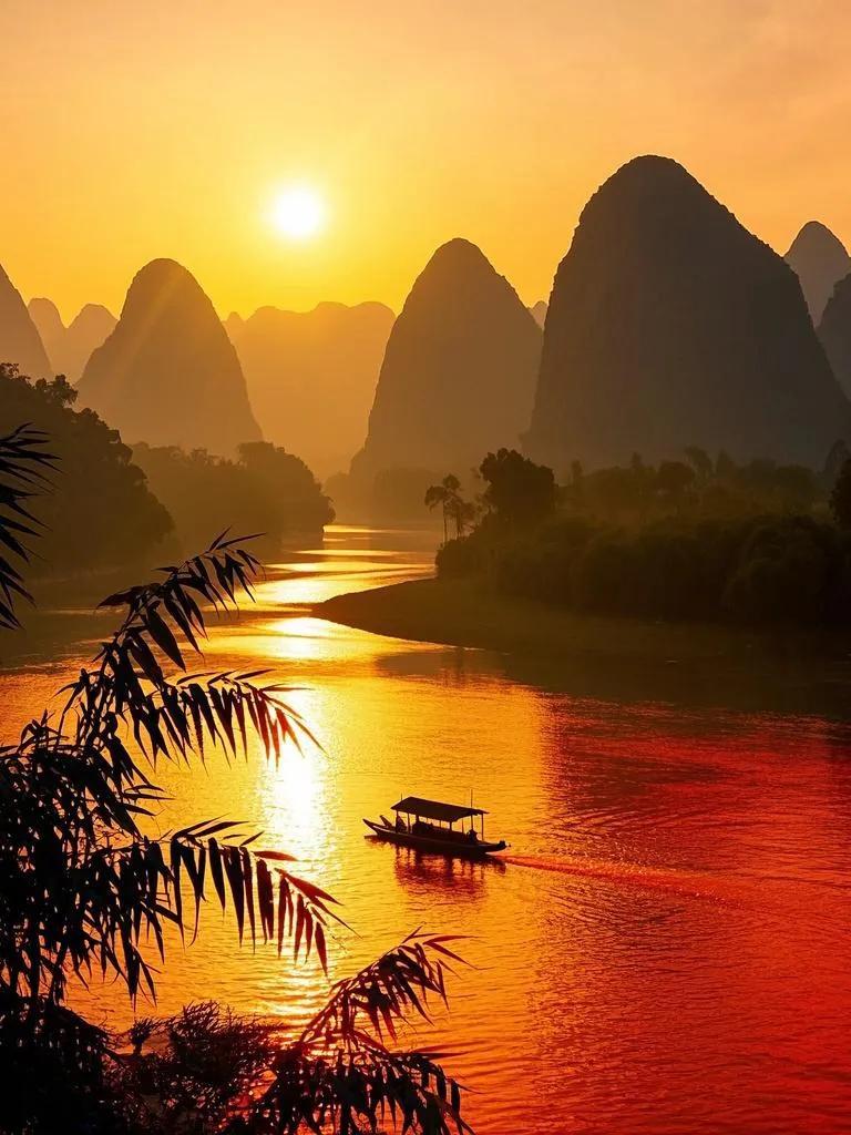  漓江夕照韵无穷，山披金辉水映红。船行波上诗意满，竹影摇曳画屏中。自然美景诗分享