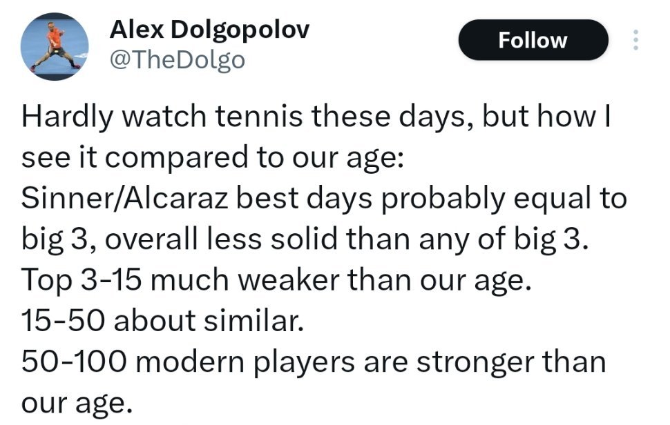 多尔戈波洛夫对当今ATP的评价，我觉得还蛮符合大家的观感的?卡辛，手感正佳的时候