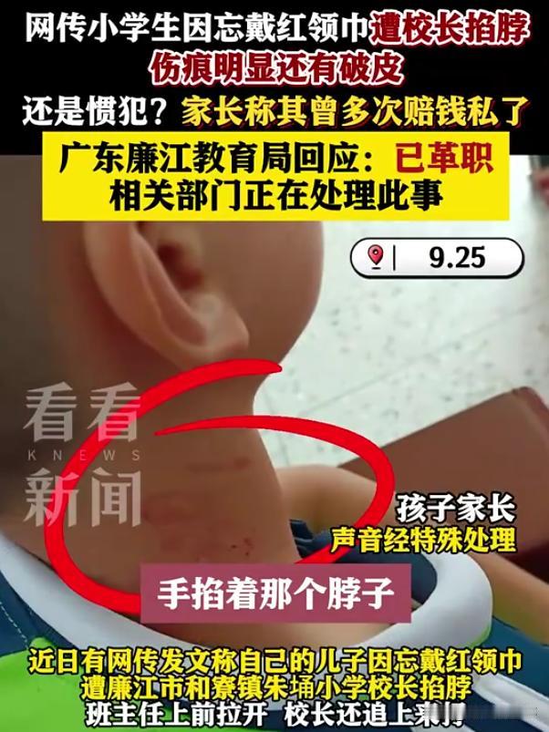 过分了！广东廉江，有家长爆料小学的儿子在学校期间因为没戴红领巾，被校长掐脖子，哪