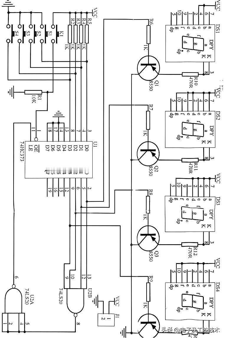 今天准备用供电电压为5V 的直流电作为电源，制作一个四路抢答器。这个抢答器主要元