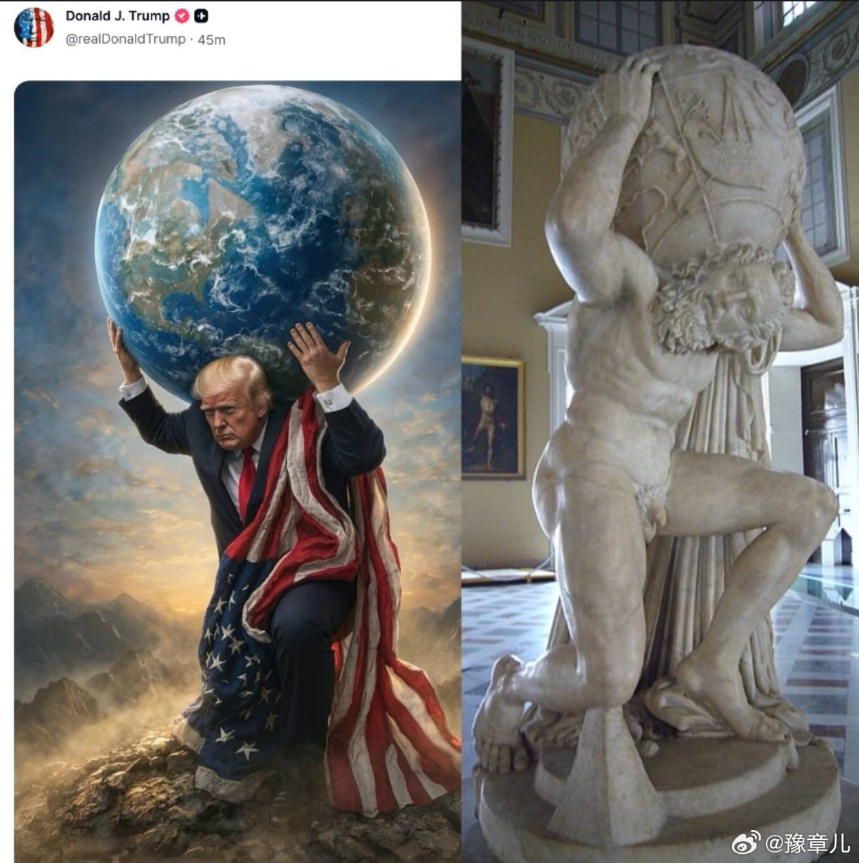美国总统特朗普在社交媒体上发布自己化身为阿特拉斯托举地球的图片。 