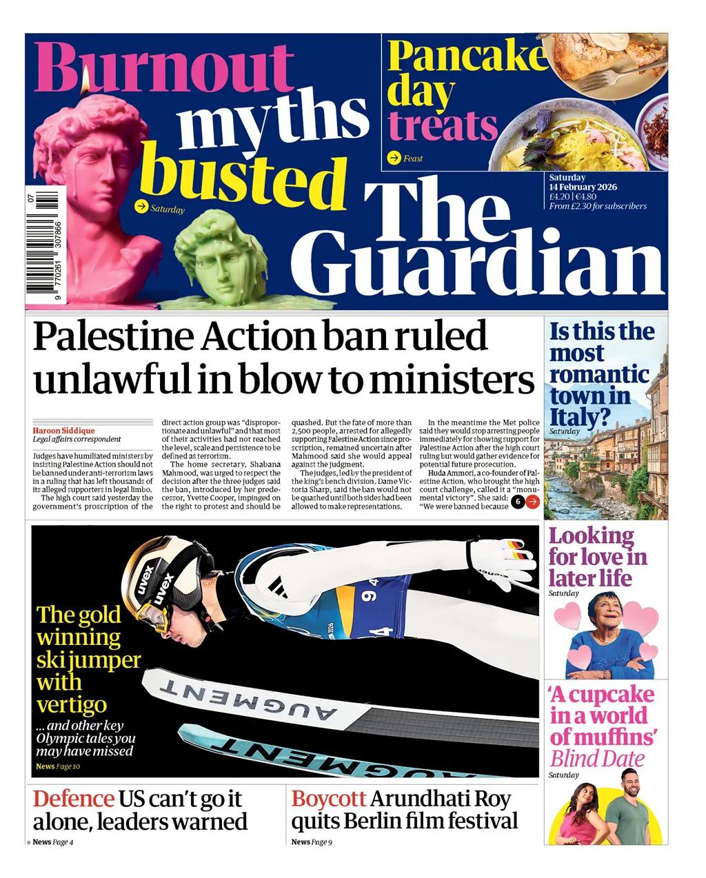 《卫报》头版报道称，在英国高等法院裁定巴勒斯坦行动组织作为恐怖组织的禁令是非法的