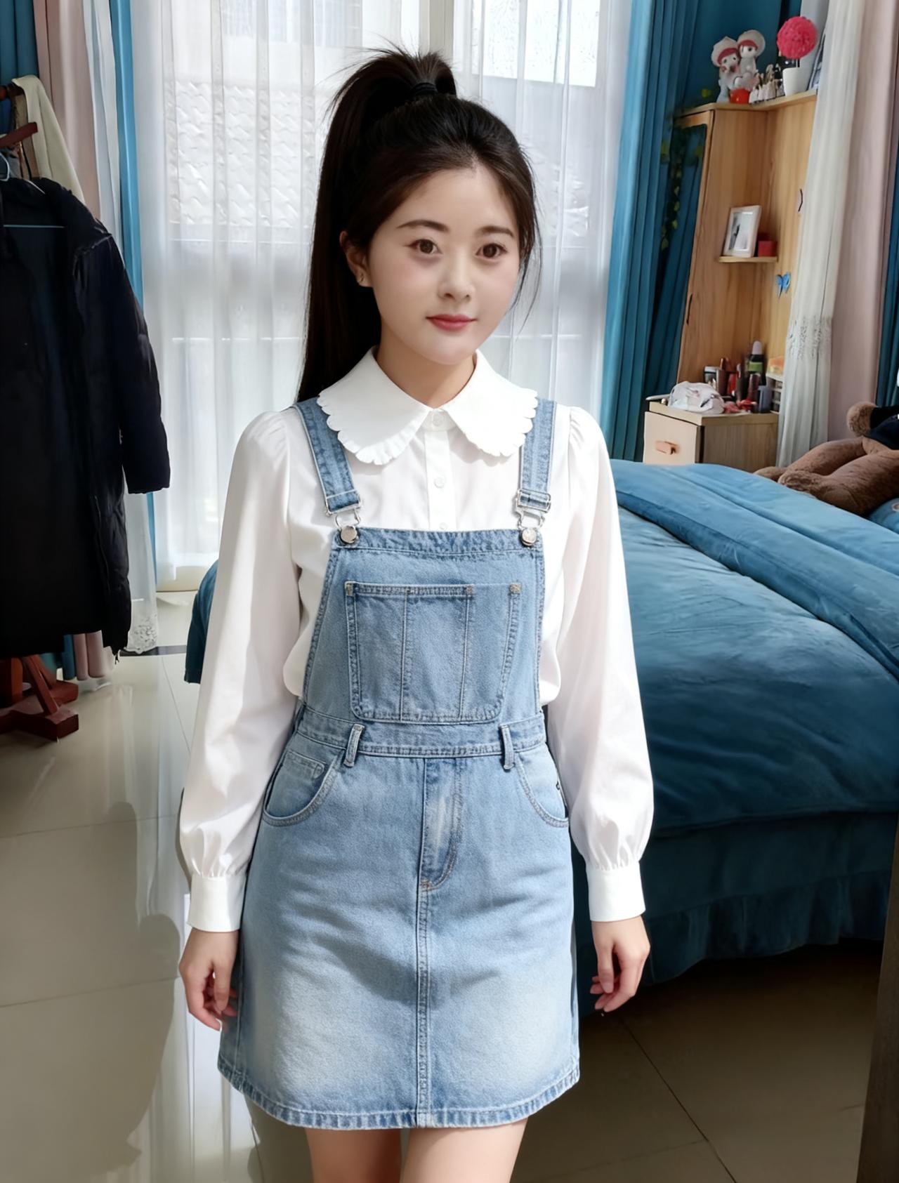 她是未长大的少女
牛仔背带是她的保护壳
白衬衫是她的纯洁
双马尾是她的天真
～