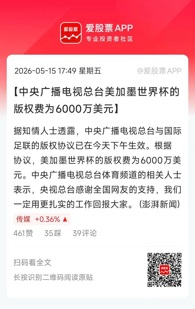 央视6000万美元拿下世界杯版权，相比对方一开始2.5亿美元-3亿美元的报价，差