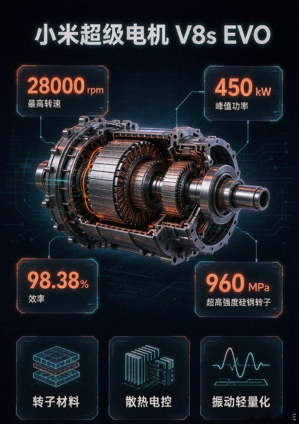 新一代小米超级电机每分钟28000转看来真的很牛，电机是小米自研的 V8s EV