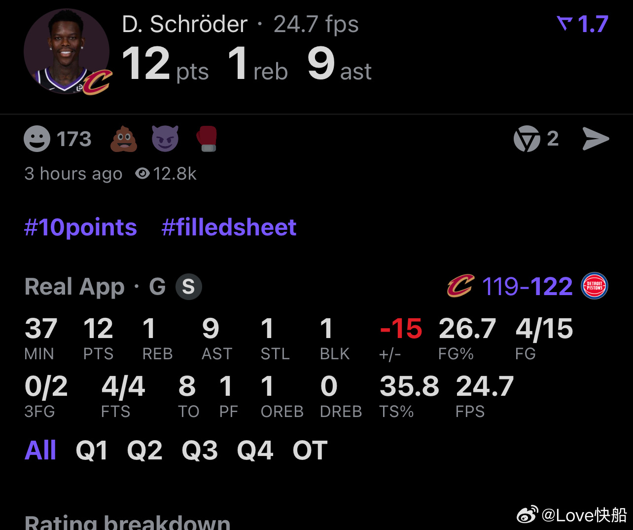 施罗德好像也是带伤出战，但是这效率有点辣了，8个失误