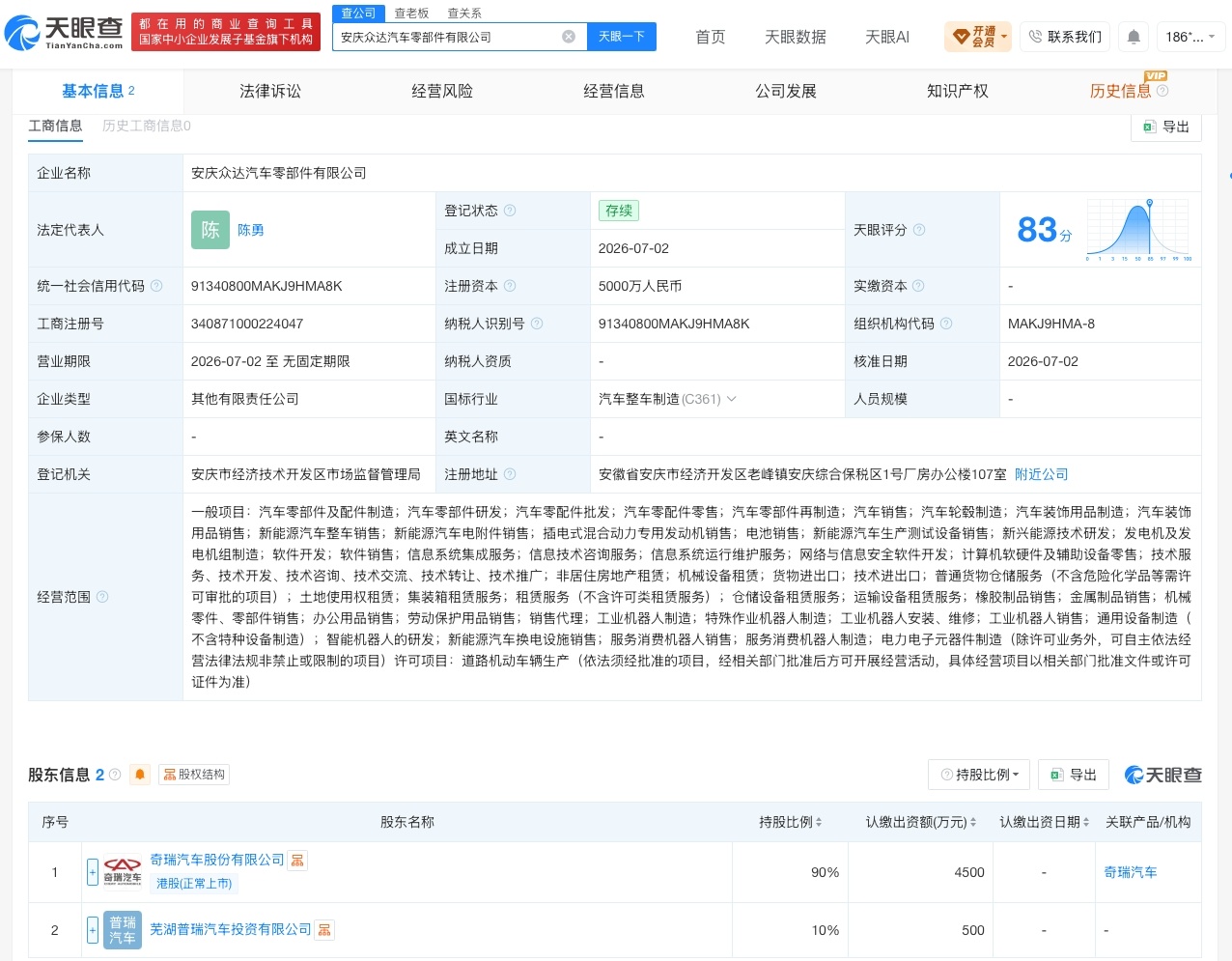 【奇瑞汽车等在安庆成立汽车零部件公司注册资本5000万】财报研究社Pro讯，天眼