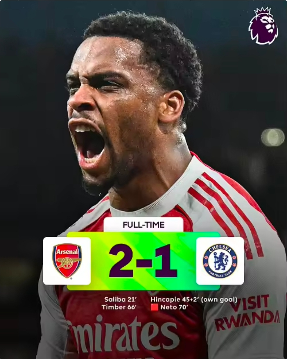 阿森纳2比1切尔西阿森纳过去11次面对切尔西保持不败，蓝军上次取胜为2021年稍