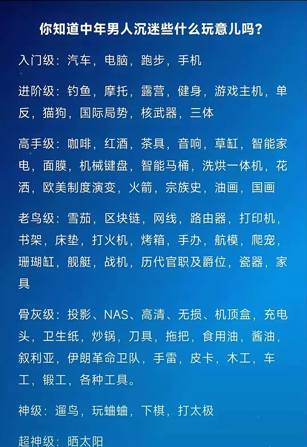 一网友总结的中年男人沉迷排行榜，我感觉我还才刚刚入门级。[捂脸]

你们在什么等