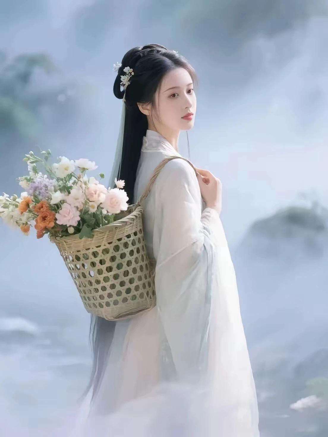 云漫青山雾作纱，
素衣仙子采繁花。
竹篮裁尽山间色，
宛若瑶台若天涯。