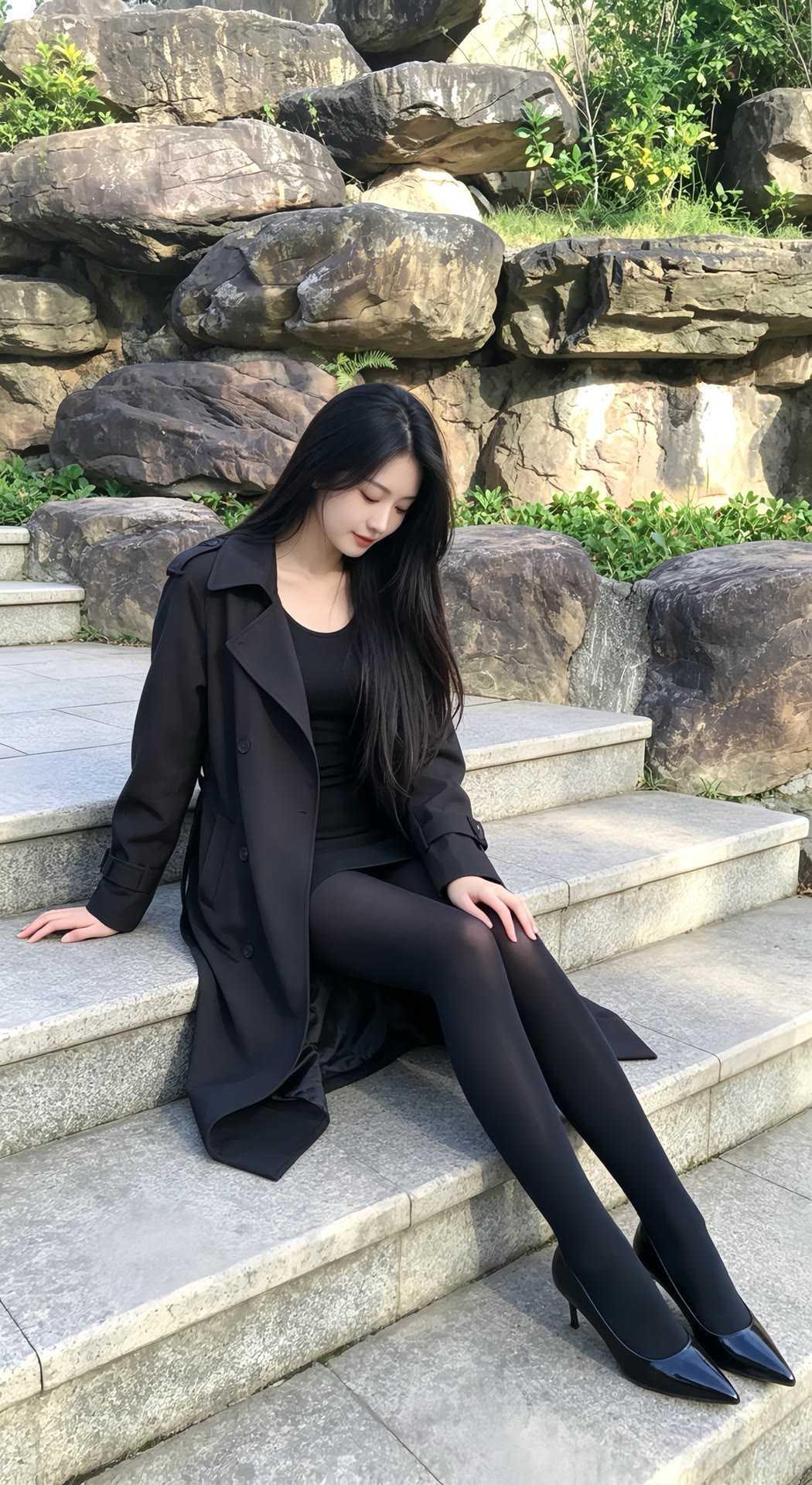 极简高级风穿搭分享。一身黑色修身针织短裙，把身材线条衬得恰到好处，外披长款风衣，