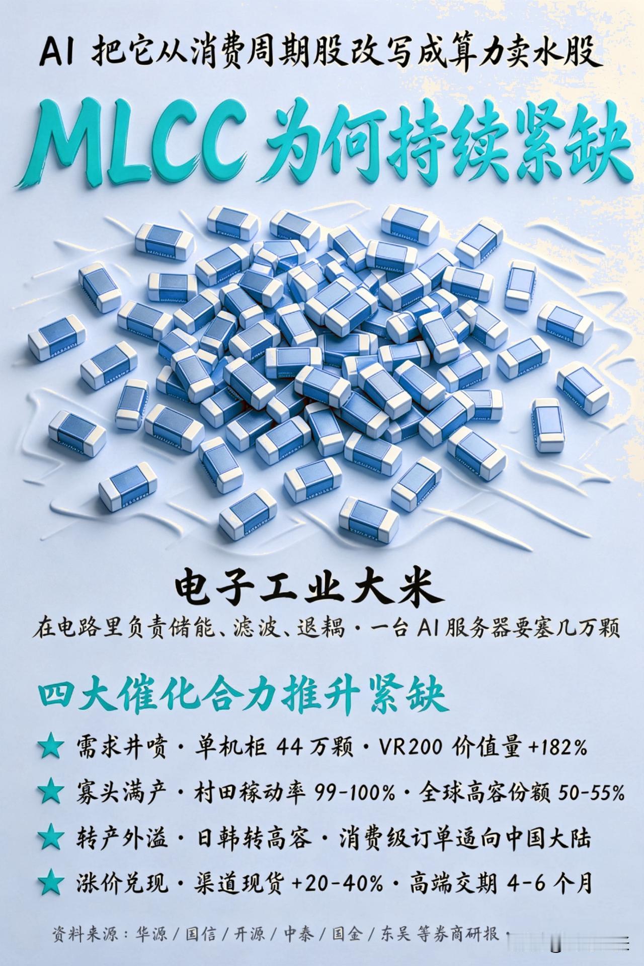 以前MLCC就是手机家电用的普通零件，现在AI服务器直接把它的需求拉爆了。

一